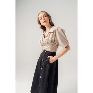 [AT MODA DE LITA] Chân váy midi hàng cúc giữa Black Skirt Bat