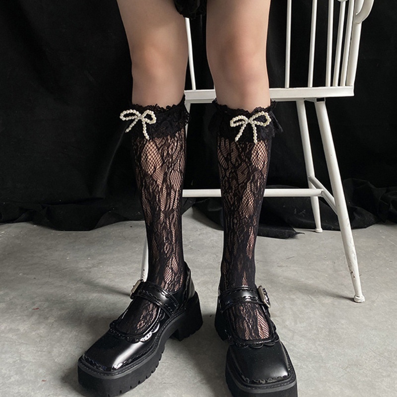 XIXI Vớ dài ngang gối phối ren nhún bèo đính ngọc trai phong cách Harajuku Nhật Bản dễ thương cho nữ