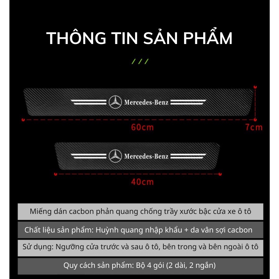 Bộ 4 miếng dán Vân Carbon Dạ Quang BC1 ban đêm Chống Trầy Xước bảo vệ bậc cửa xe hơi có nhiều hãng xe