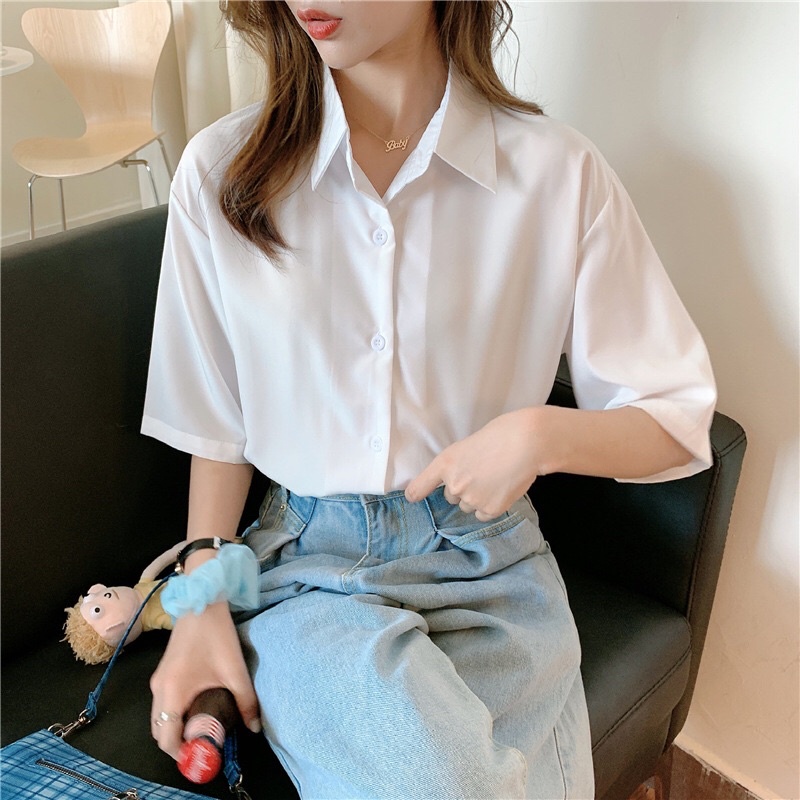 💦Áo Sơ Mi Nữ Trơn Nhiều Màu Ngắn Tay Không Túi Phong Cách Cơ bản thanh lịch - Mã: 355 TV-Fashion