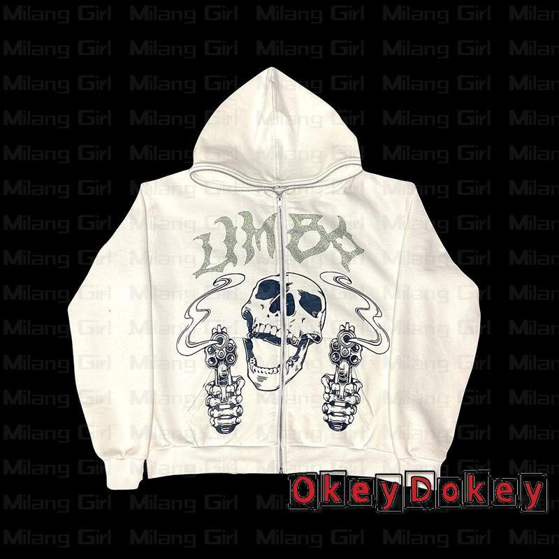 Áo Khoác Hoodie Có Khóa Kéo In Hình Đầu Lâu Đính Đá Y2k Phong Cách Đường Phố Cho Nữ