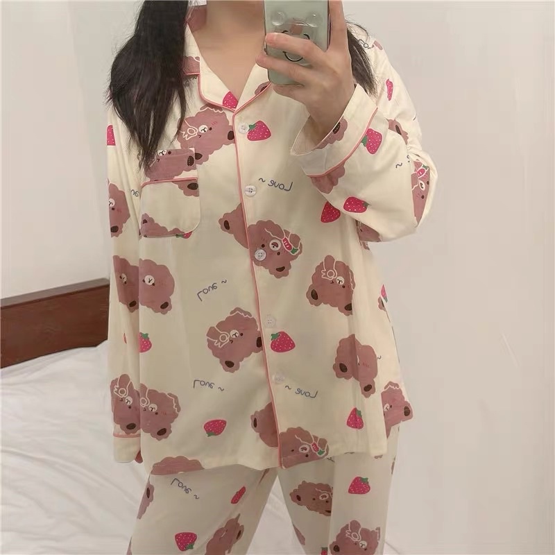 Bộ Pijama Dài Tay, Bộ Đồ Ngủ Nữ Mặc Nhà Thu Đông Họa Tiết Gấu Dâu Form Rộng