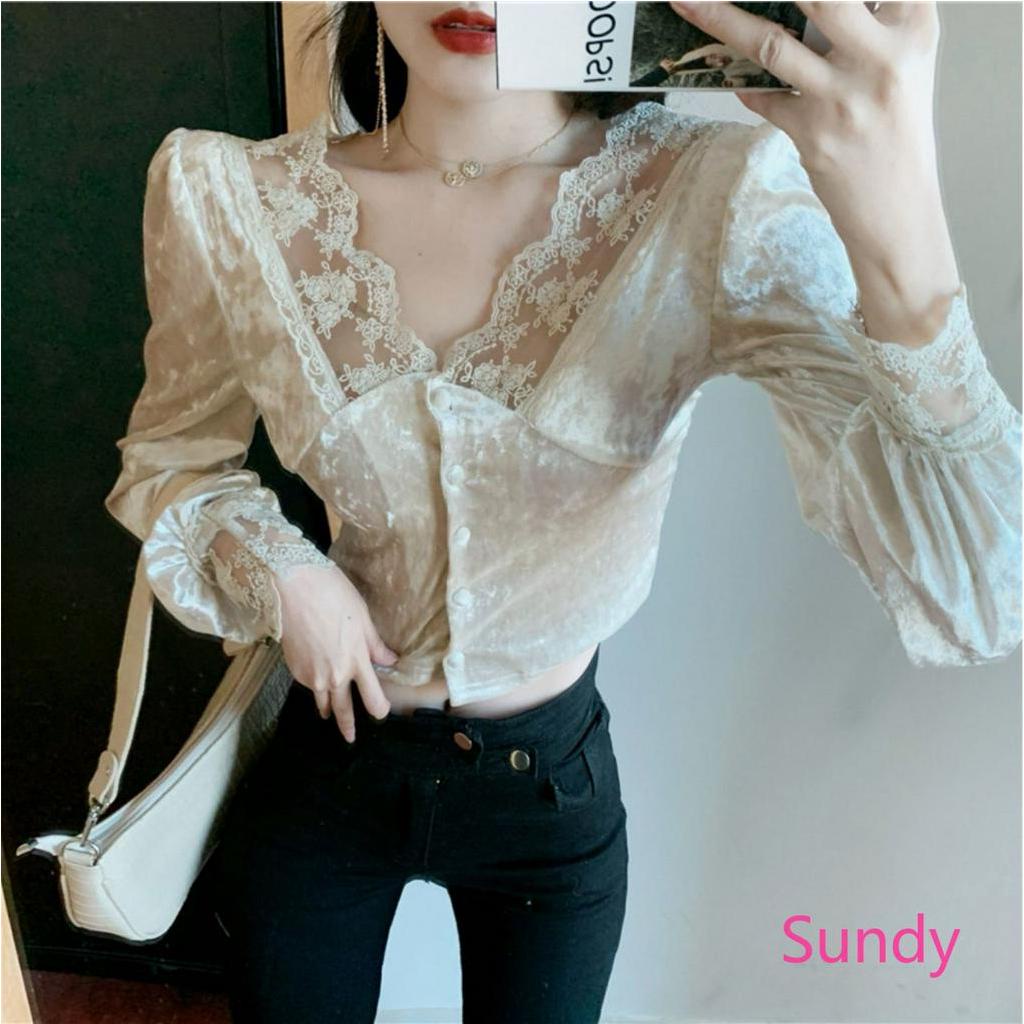 Áo Kiểu Tay Dài Phối Ren Hoa Thiết Kế Cổ Chữ V Quyến Rũ Cho Nữ