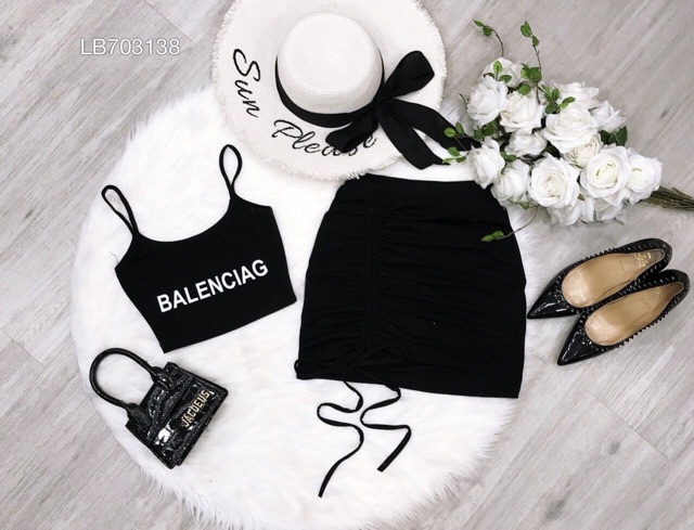 Set áo thun croptop chữ 2 dây + chân váy rút dây