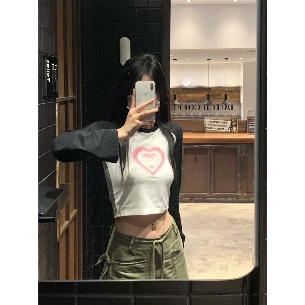 Áo Thun Dáng Ôm Ngắn Dài Tay In Hình Trái Tim 60772