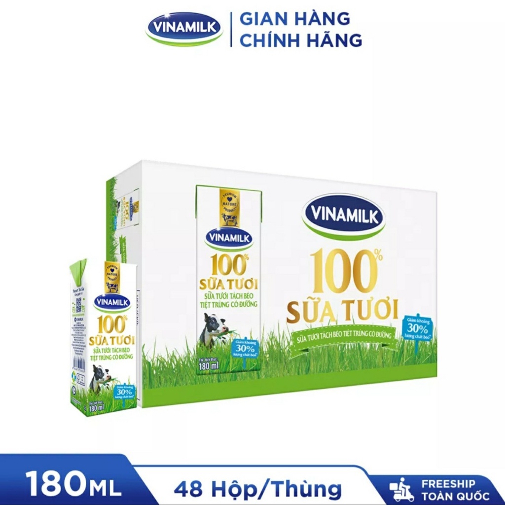 [HSD T9-2022] Thùng 48 Hộp Sữa Tươi Tiệt Trùng Vinamilk 100% Tách Béo Có Đường 180ml