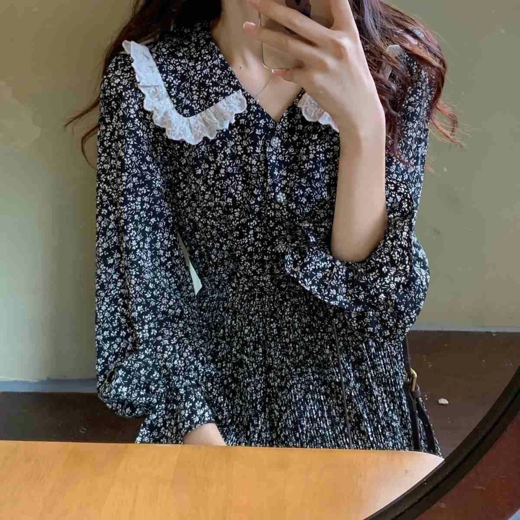 Đầm Hoa Cổ Chữ v Rộng Thời Trang retro Mùa Thu Năm 2021