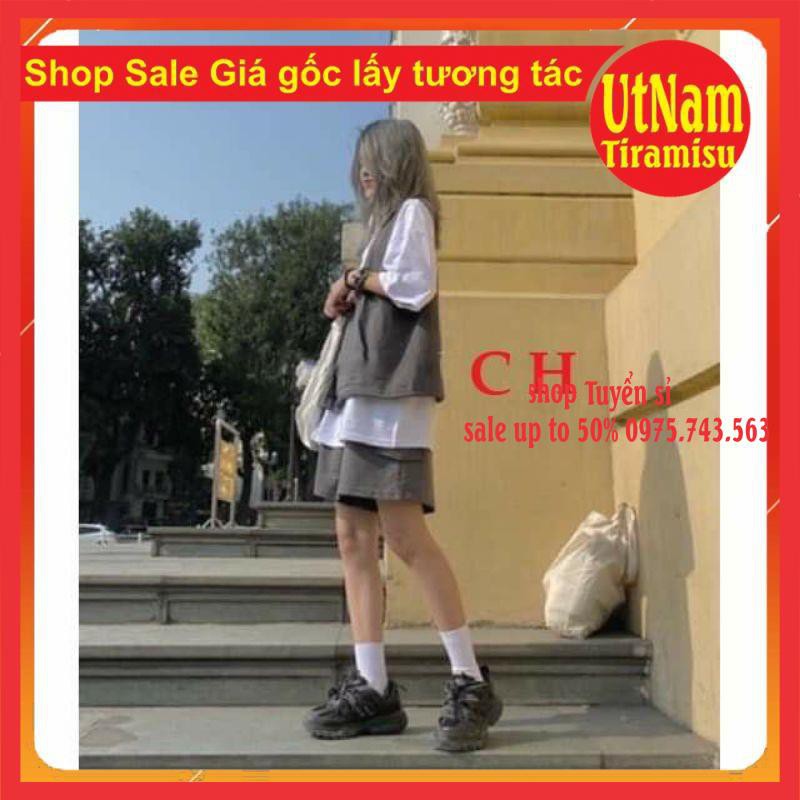 (RẺ VÔ ĐỊCH)Sét đồ nữ 3 Món Gồm Áo Gile + Áo Thun Form Rộng Tay Lỡ + Quần Short Xám Siêu Hot Hit Unisex | BigBuy360 - bigbuy360.vn
