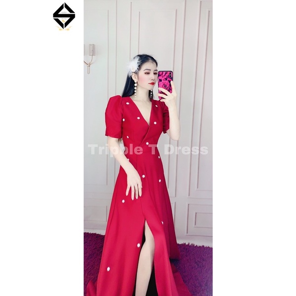 Đầm maxi mặc cưới xẻ đùi tay ngắn phồng kết hoa đá toàn thân váy TRIPBLE T DRESS - MS279Y