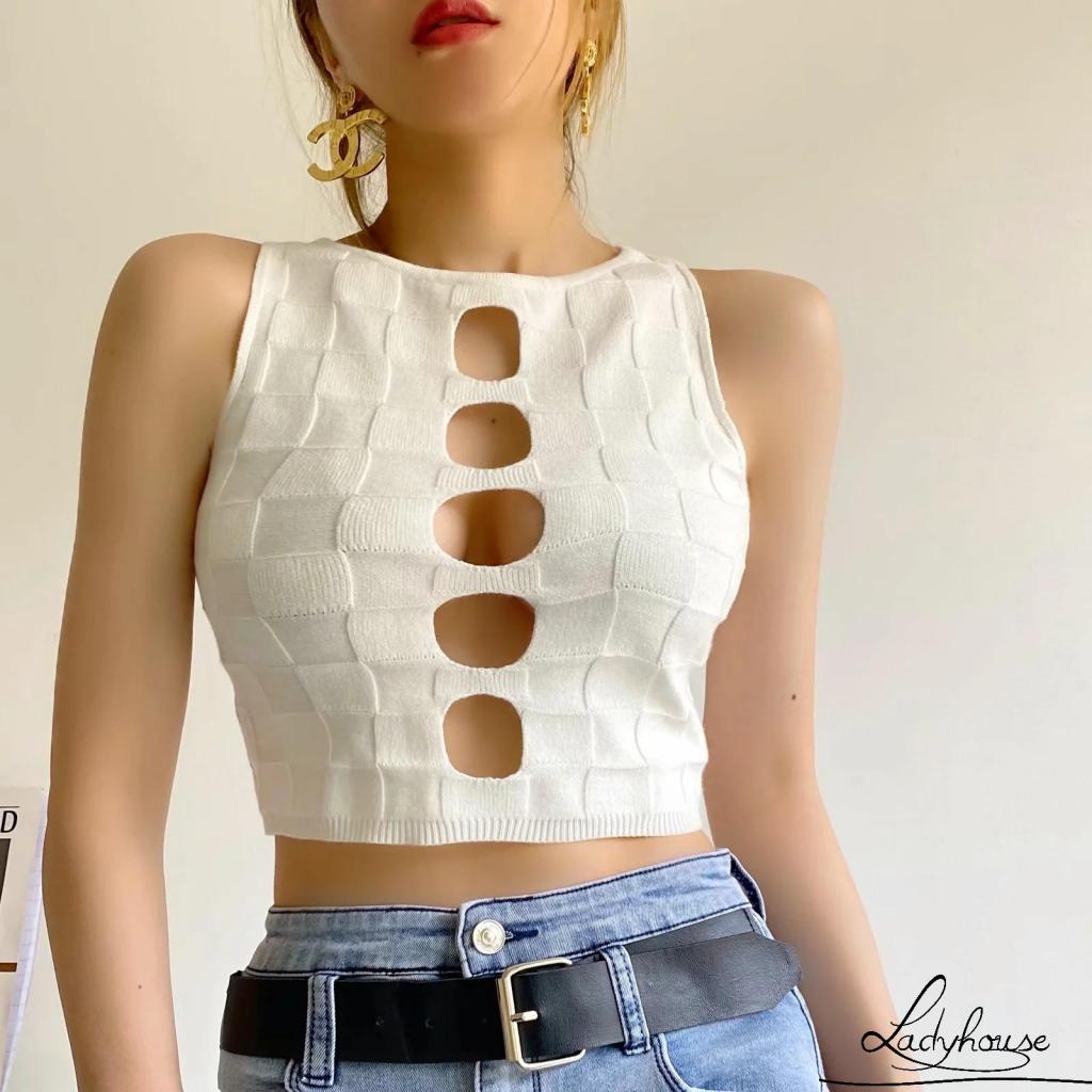 Áo Croptop Dệt Kim Không Tay Màu Trơn Họa Tiết Kẻ Sọc Cho Nữ