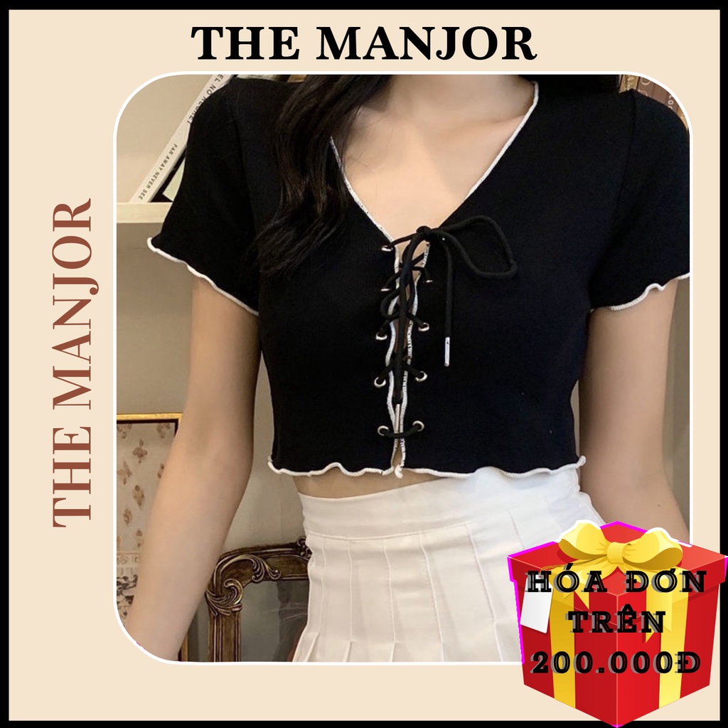 Áo Croptop Viền Chỉ Cổ V Phối Dây Cột | Áo croptop cột nơ - | [Ảnh thật cuối]  | steven.factory