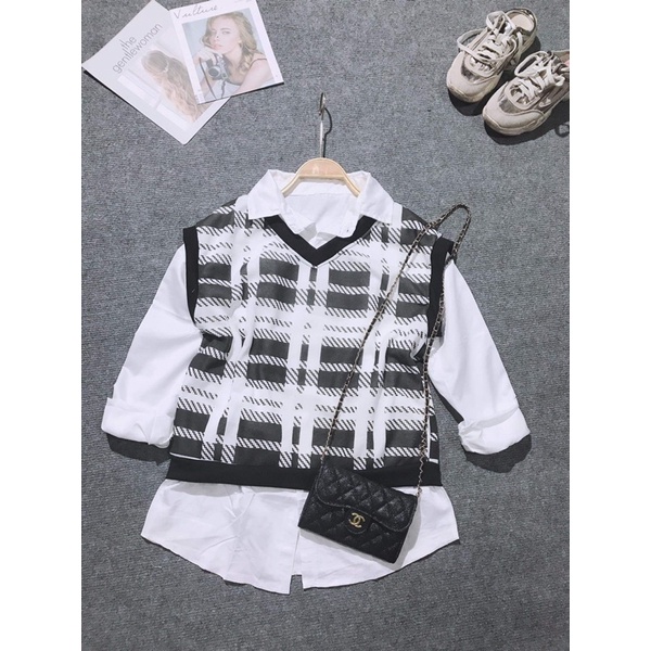 Sét áo gile kẻ + sơ mi tay lỡ TC6