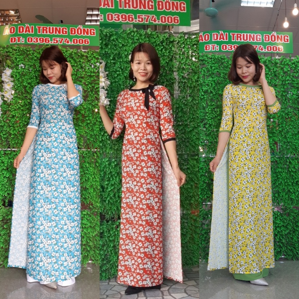 Áo dài hoa nhí chất liệu tằm y in 3D cổ nơ đẹp - Áo dài Trung Đồng