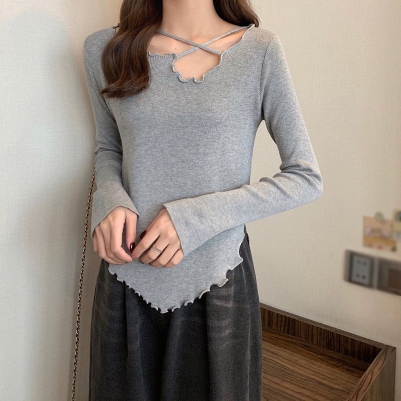 Áo Thun Dệt Kim Tay Dài Dáng Ôm Màu Trơn Thiết Kế Độc Đáo Thời Trang Cho Nữ