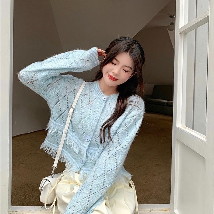 Áo cardigan ZHELIHANGFEI dệt kim tay dài lưng cao phối tua rua dễ phối đồ cho nữ