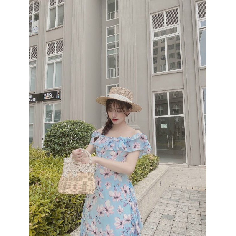 Đầm maxi hoa bẹt vai bèo tà đổ