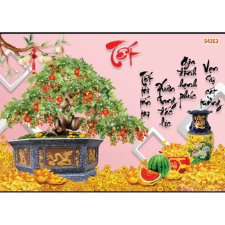 tranh dán tường 3D ngày tết in Vải Lụa KT 120x80cm