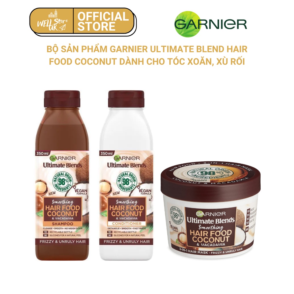 Bộ ba sản phẩm dưỡng tóc chuyên sâu Garnier Ultimate Blend Coconut Hair Food dành cho tóc xoăn, xù rối