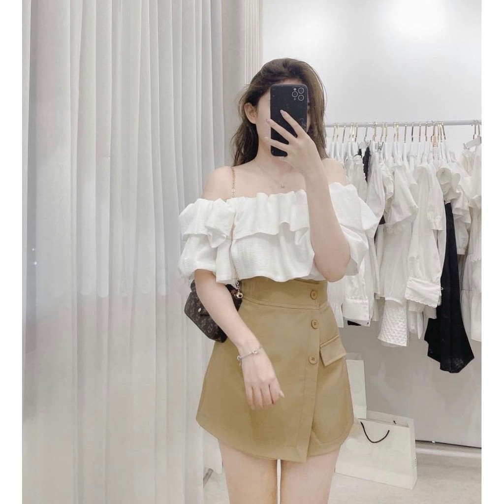 Sét trễ vai mix quần giả váy màu be siêu xinh Lolla-Fashion