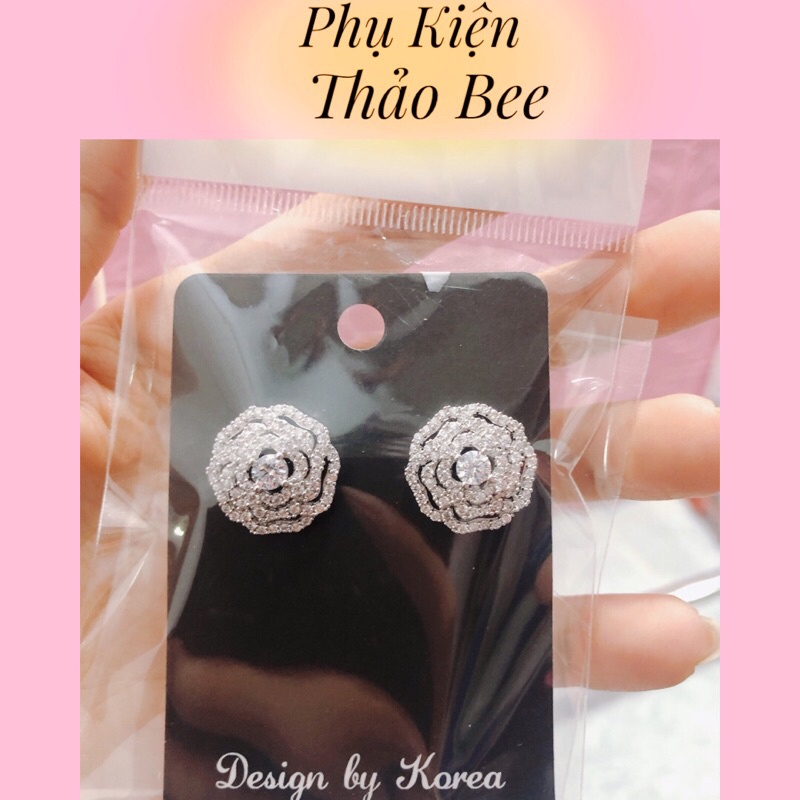 Bông tai bạc hình hoa hồng đính đá cao cấp
