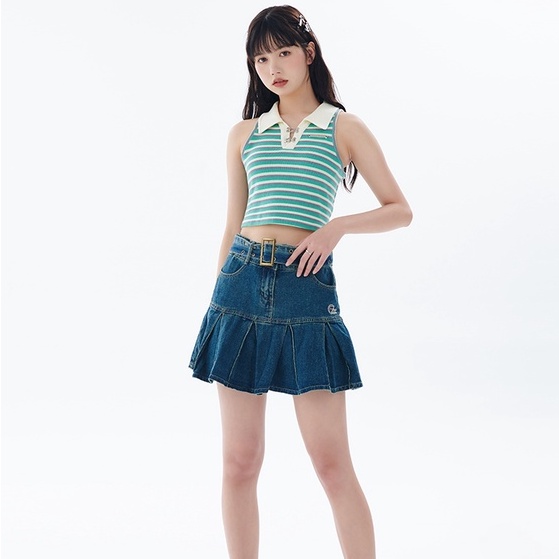 【ZHELIHANGFEI】Áo Sweater Sát Nách Cổ POLO Lưng Cao Kẻ Sọc Thiết Kế Quyến Rũ Cá Tính