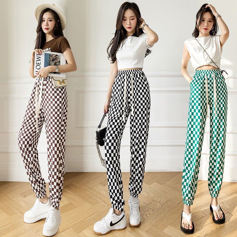 Quần Jogger Kẻ Sọc Ca Rô Ống Rộng Phối Dây Rút Thời Trang Dành Cho Nữ