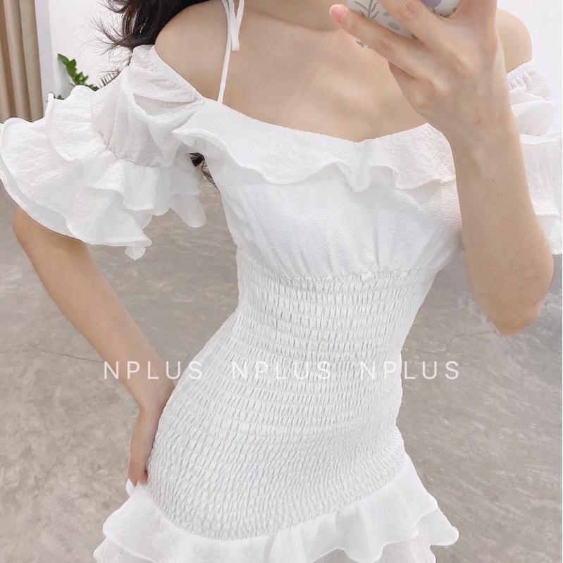 Đầm ôm body nhún bèo trễ vai