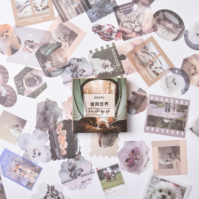 Hộp 80 Nhãn Dán Sticker Trang Trí Thủ Công Chủ Đề Thú Cưng Chó - Mèo Sắc Hồng Phong Cảnh