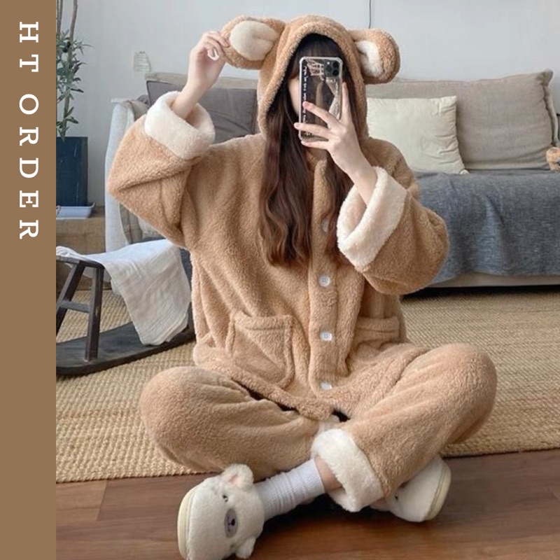 (Sẵn)Bộ ngủ bông gấu nâu lông dày mịn ống xắn trắng màu trơn đơn giản phong cách mùa đông giới trẻ 2022