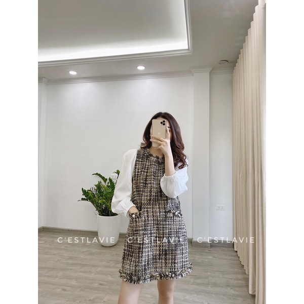 Váy tweed tay pha sơmi chất dày dặn cao cấp