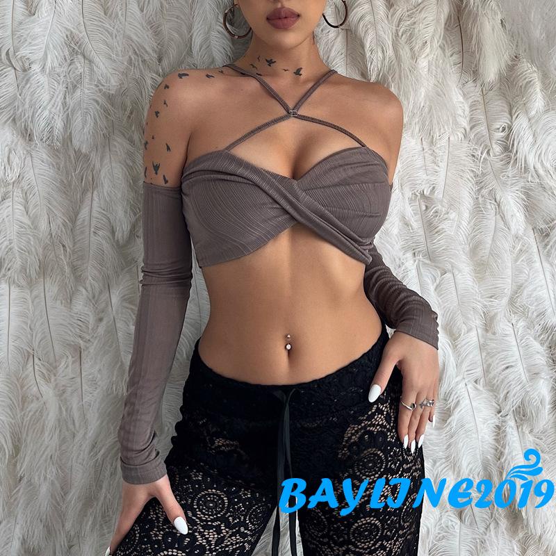 Áo Croptop Trễ Vai Tay Dài Màu Sắc Đơn Giản Cho Nữ