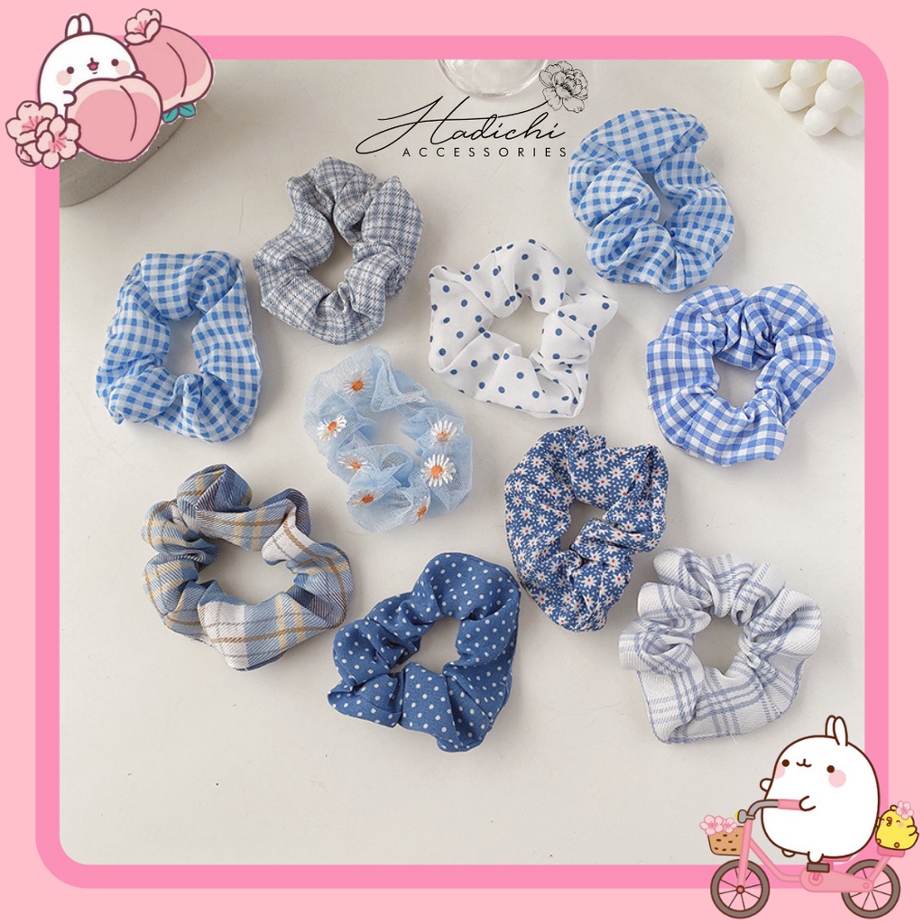 Dây Buộc Tóc Scrunchies Màu Xanh Dương Nhiều Mẫu Dễ Thương Có Thể Dùng Làm Vòng Tay  – Hadichi