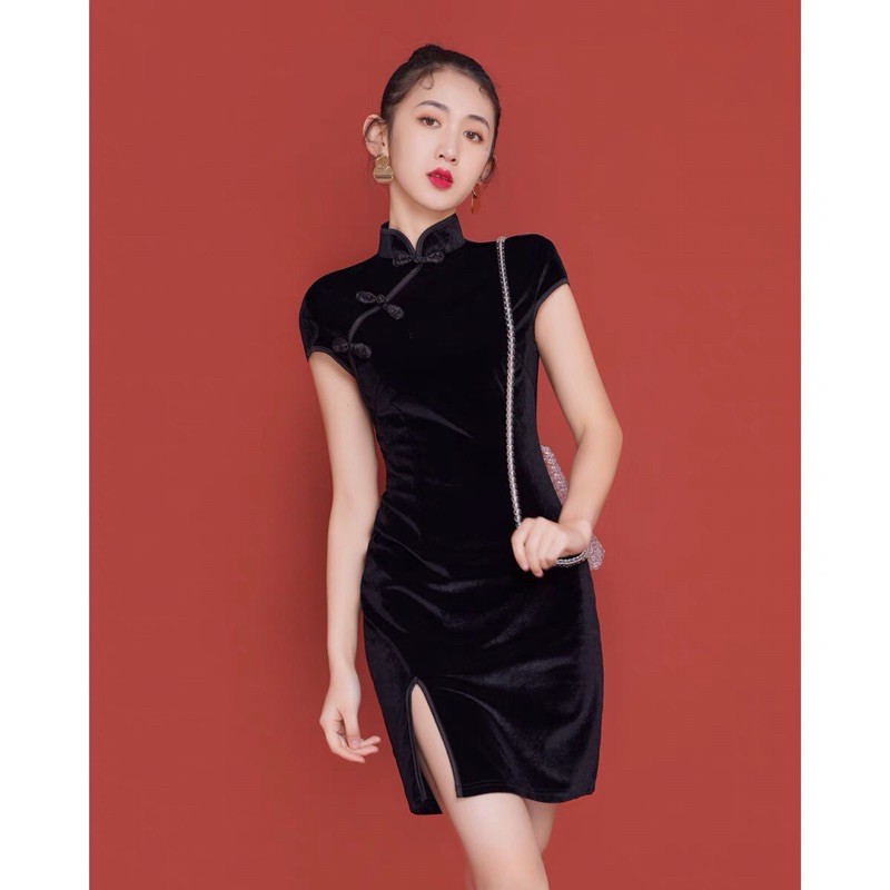 Sườn Xám Đen Vải Nhung Dáng Ngắn 40-65kg