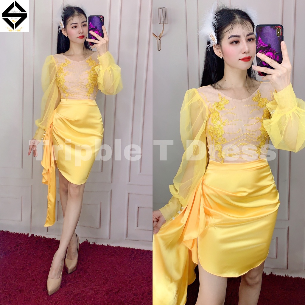 Đầm dự tiệc body TRIPBLE T DRESS ngắn mini tay dài lưới phối ren cườm - size S/M/L - MS334Y