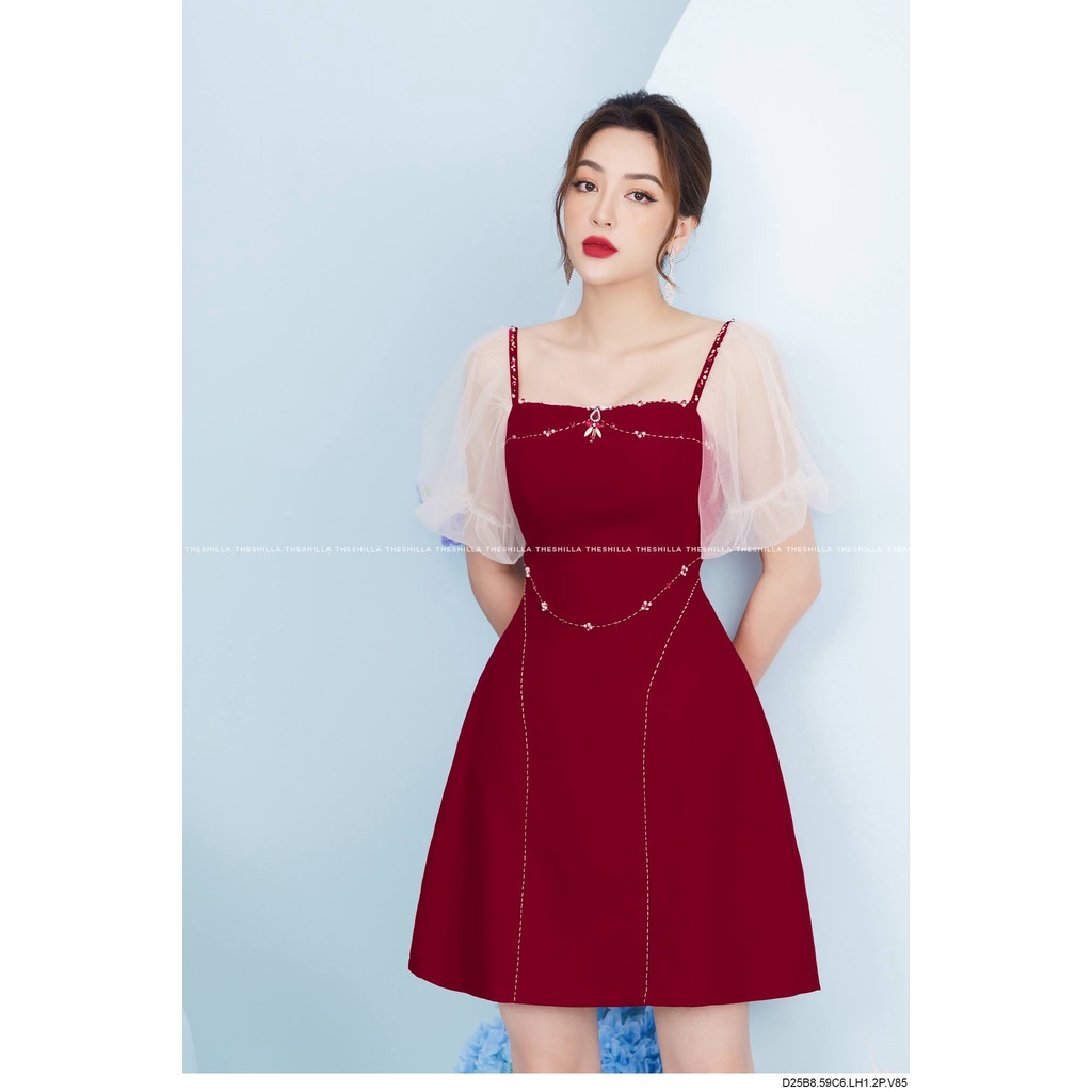 Váy đầm thiết đế kết hợp tay lưới đính đá thủ công cao cấp  The Shilla - D25B8-59C6