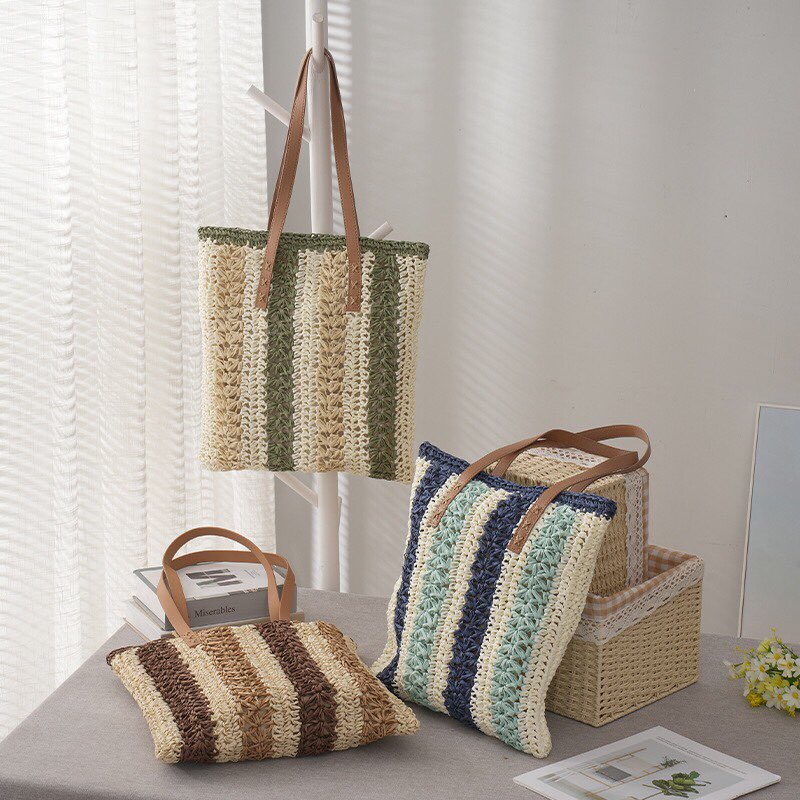 Túi cói Tote vuông Vintage dây da - sọc dọc pha màu (mẫu mới)