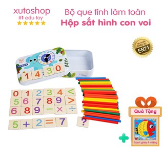 Đồ chơi giáo dục Bộ que tính gỗ thông học toán an toàn hộp sắt hình chú voi cho trẻ em làm quen toán học XutoShop
