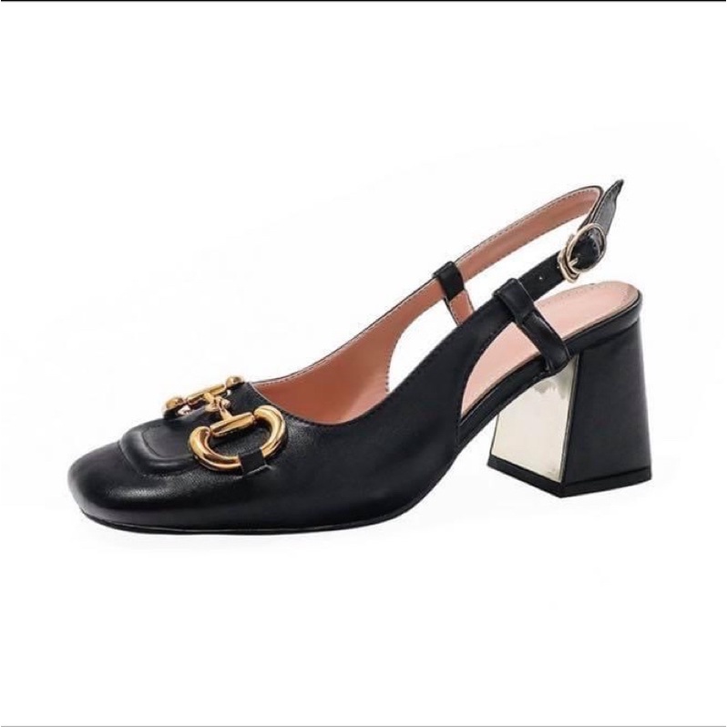 Giày sandal cao gót nữ bít mũi in chữ gót vuông dây quai ôm chân - Order
