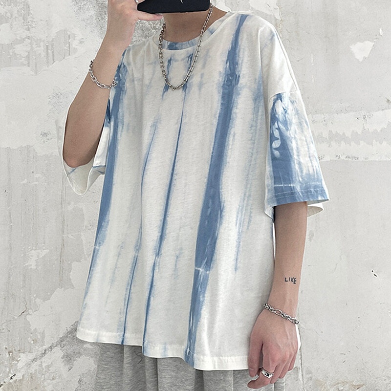 Áo thun AOKANG ngắn tay dáng rộng vừa vặn in họa tiết màu nhuộm phong cách Hàn Quốc dễ phối đồ