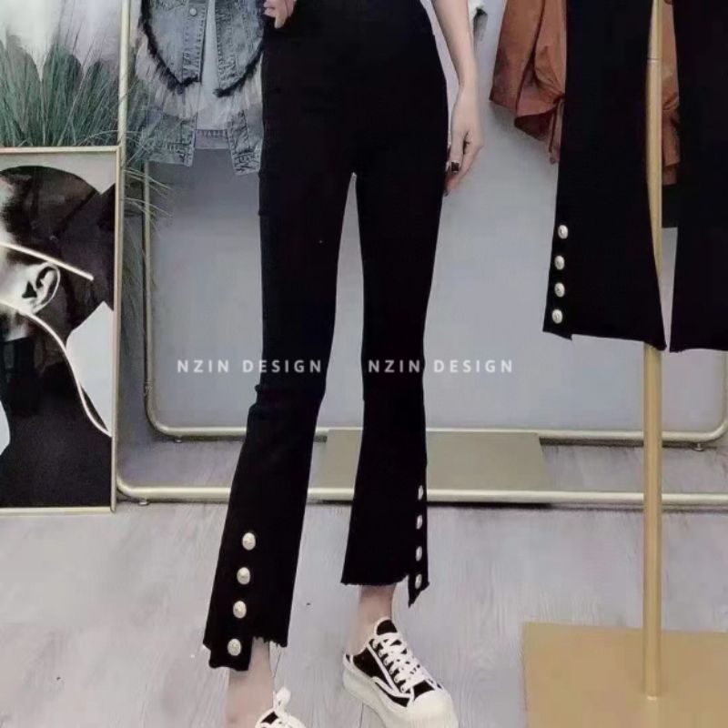 Quần kaki co giãn ống xẻ cúc gấu