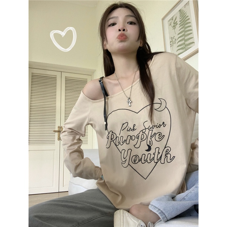 Áo thun trễ vai tay dài phong cách retro Mỹ thời trang dành cho nữ