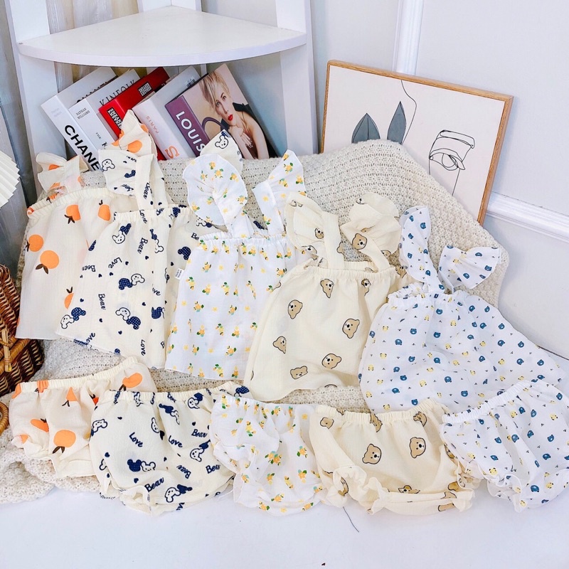 Bộ đồ mùa hè vải đũi áo 2 dây cánh tiên quần bèo cho bé gái 7-18kg