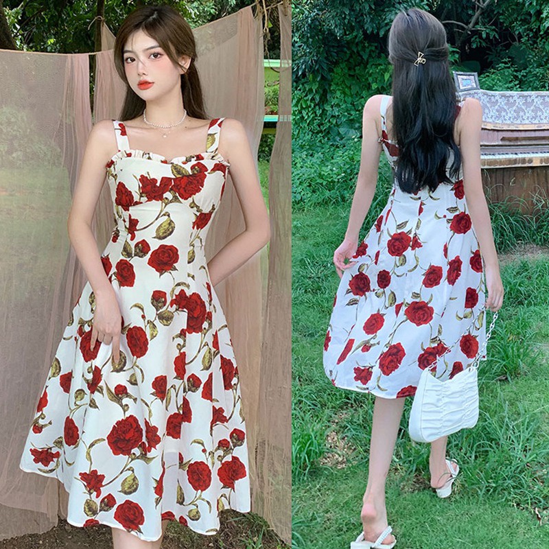 Đầm Lửng Hai Dây Họa Tiết Hoa Thời Trang Mùa Hè Hàn Quốc Cổ Điển Dành Cho Nữ