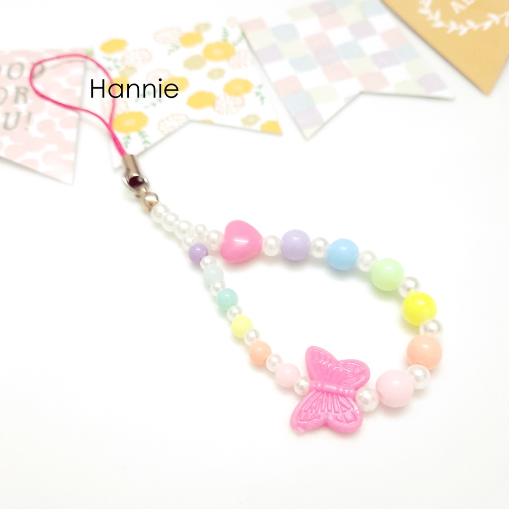 (Tím/Cam/Hồng/Xanh/Vàng) Móc khóa hạt trai pastel bướm - Phụ kiện dây treo điện thoại túi xách balo chìa khóa handmade