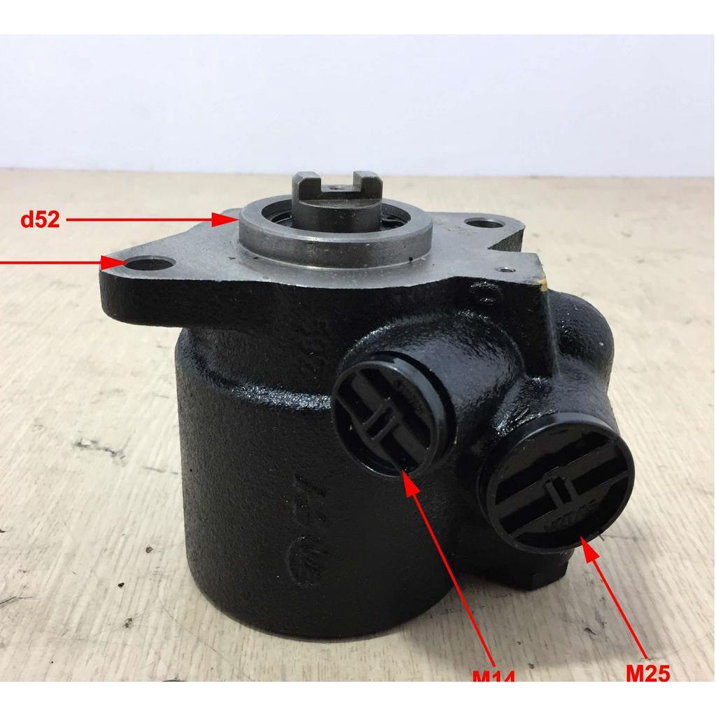 Bơm trợ lực láI xe tải 4.5 tấn, HV0716-120/120, ca vet quay trái, cổ F52, 2 tai tâm lỗ bắt 104, 2 lỗ dầu gần M18*M27. Th