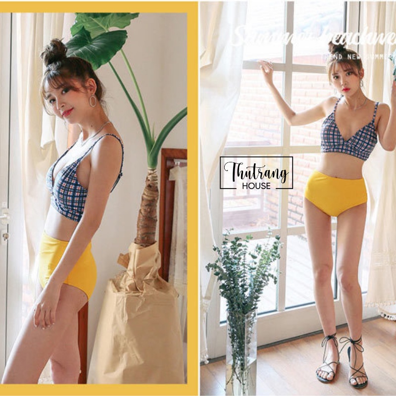 Bộ đồ bơi nữ 2 mảnh áo họa tiết kẻ sọc - Bikini đi biển mùa hè cạp cao nâng ngực tạo đường cong sexy M07