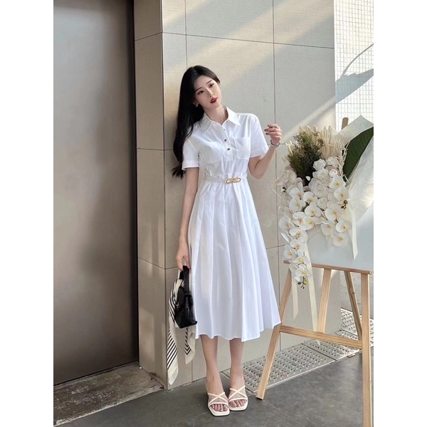 Đầm sơ mi trắng tay ngắn phối đai thắt eo mẫu mới mùa hè Gucci GC cao cấp