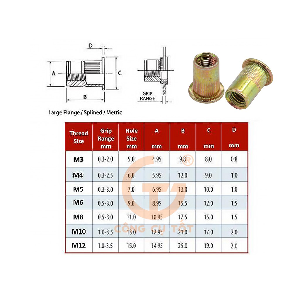 Tán rút mạ kẽm 7 màu M10 chuyên tạo ren trên thép, nhôm, gỗ...