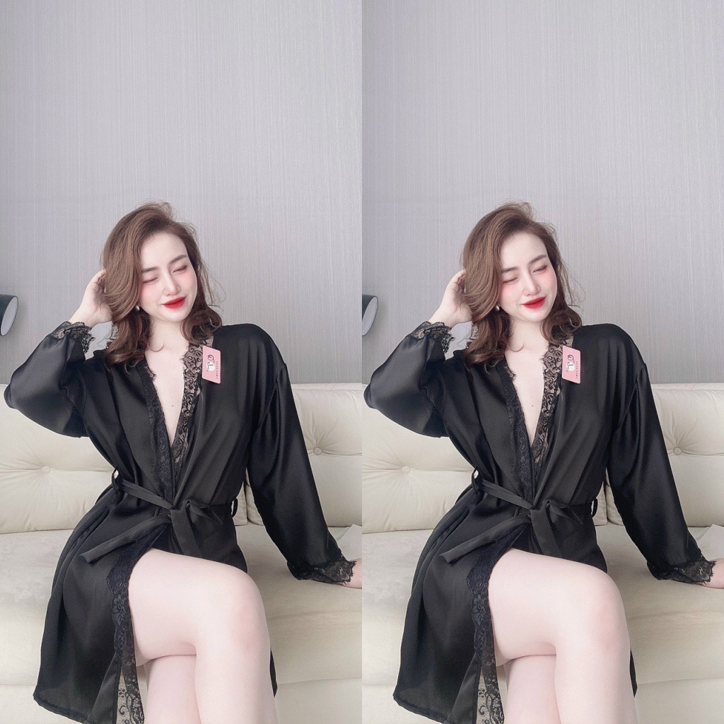 Áo Choàng Ngủ, Áo Choàng Ngủ Sexy Lụa Satin Phối Ren Gợi Cảm Sang Trọng Freesize - Linqustore