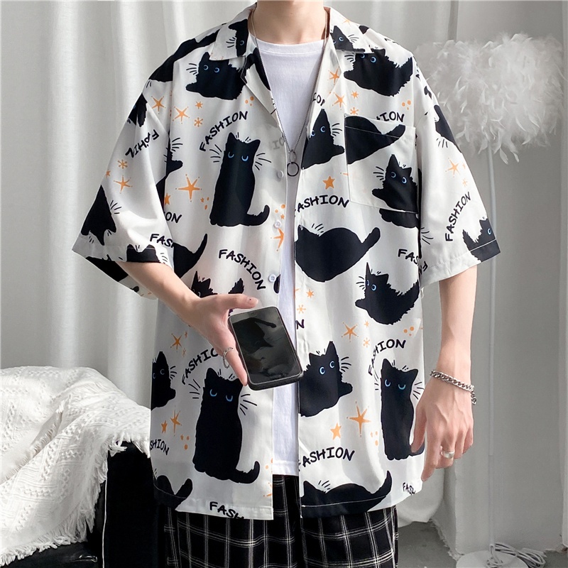 Áo Sơ Mi Tay Ngắn Dáng Rộng In Hình Mèo Hoạt Hình Chất Lượng Cao Chống Nhăn Thời Trang Mùa Hè Cho Nam